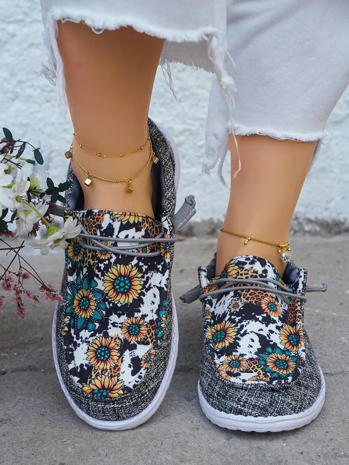 Unisex-Adult Sunflower Floral Canvas Loafers Comfortable Boat Shoes Easy Slip On Lightweight Deck Shoes Elastic Laces Outdoor Flat Walking Shoes Breathable Drving Shoes Sneakers for Women Men