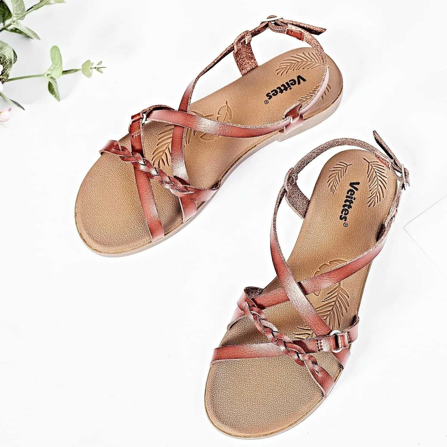 Veittes Women's Flat Slide Sandals-Adjustable Double Elastic Bands,Crossover Straps,Fashion Casual Summer Flat Sandals.