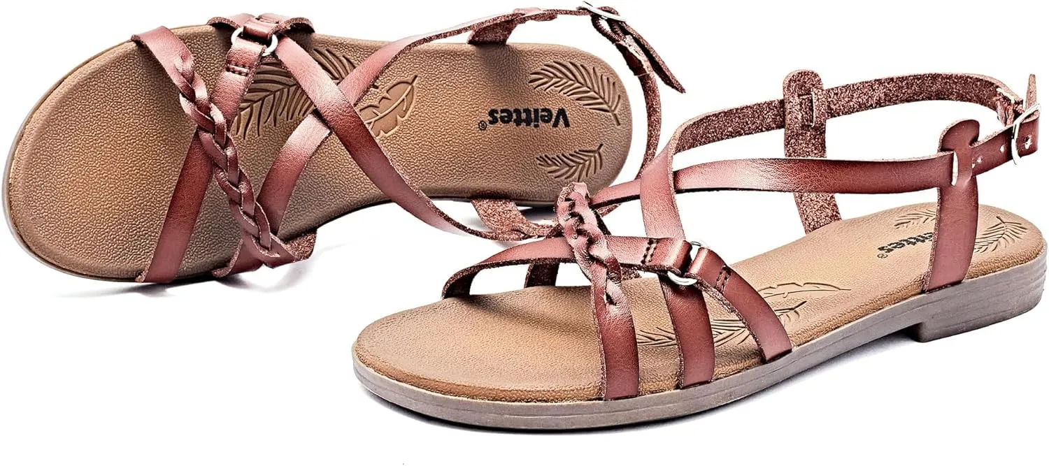 Veittes Women's Flat Slide Sandals-Adjustable Double Elastic Bands,Crossover Straps,Fashion Casual Summer Flat Sandals.