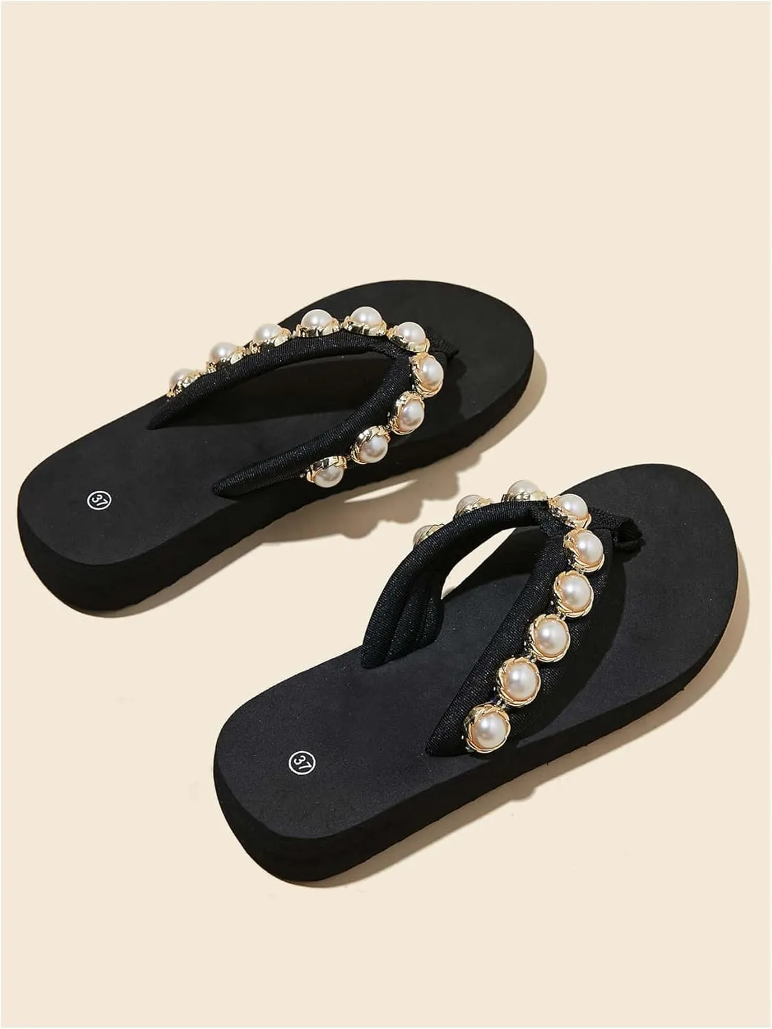 Verdusa Women's Pearl T-Strap Flip Flop Sandals Summer Beach Thong Flat Sandal