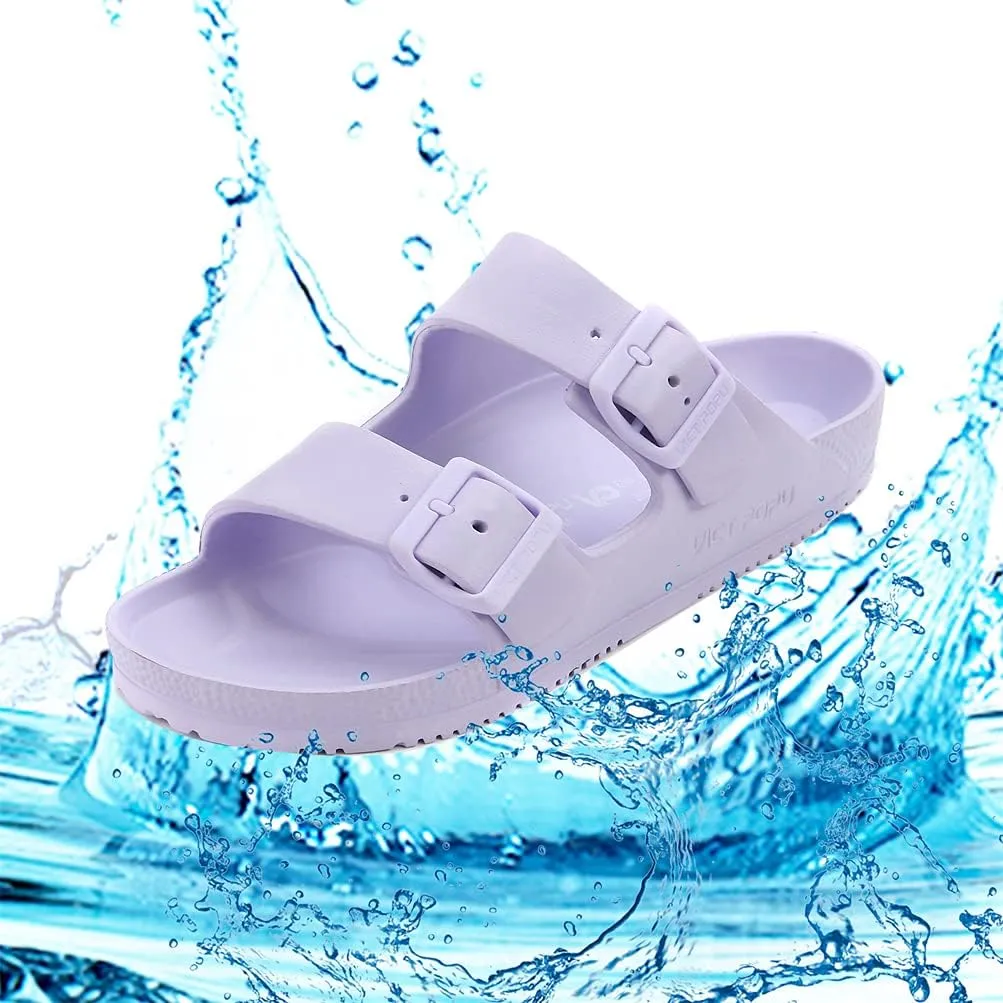 VICT POPU Womens Sandals Adjustable Double Buckle Strap Waterproof EVA Flat Slides