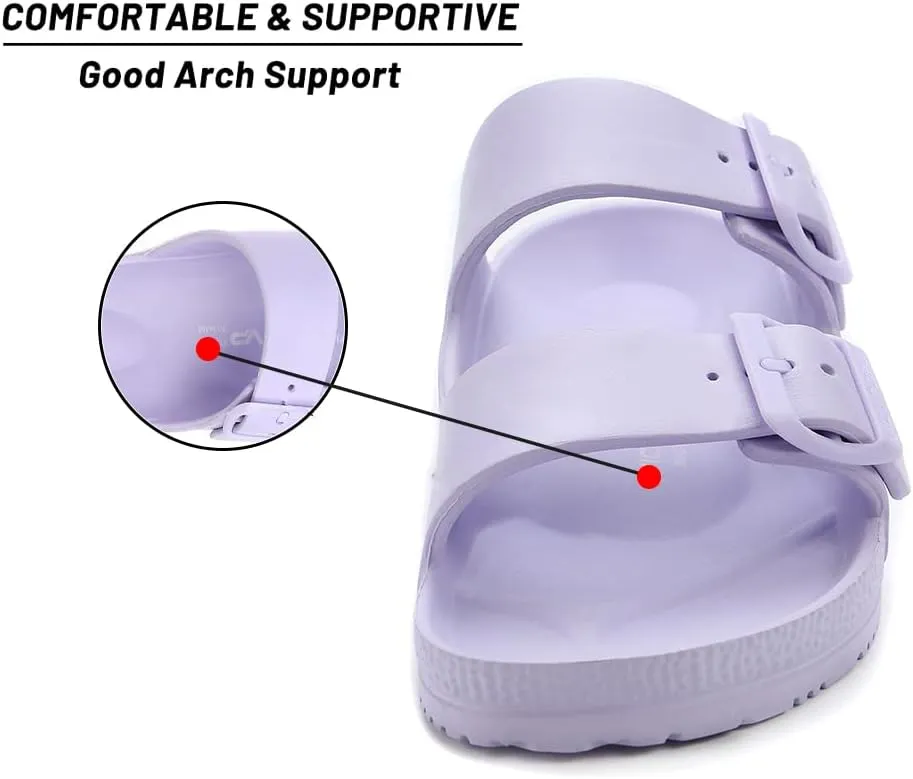 VICT POPU Womens Sandals Adjustable Double Buckle Strap Waterproof EVA Flat Slides