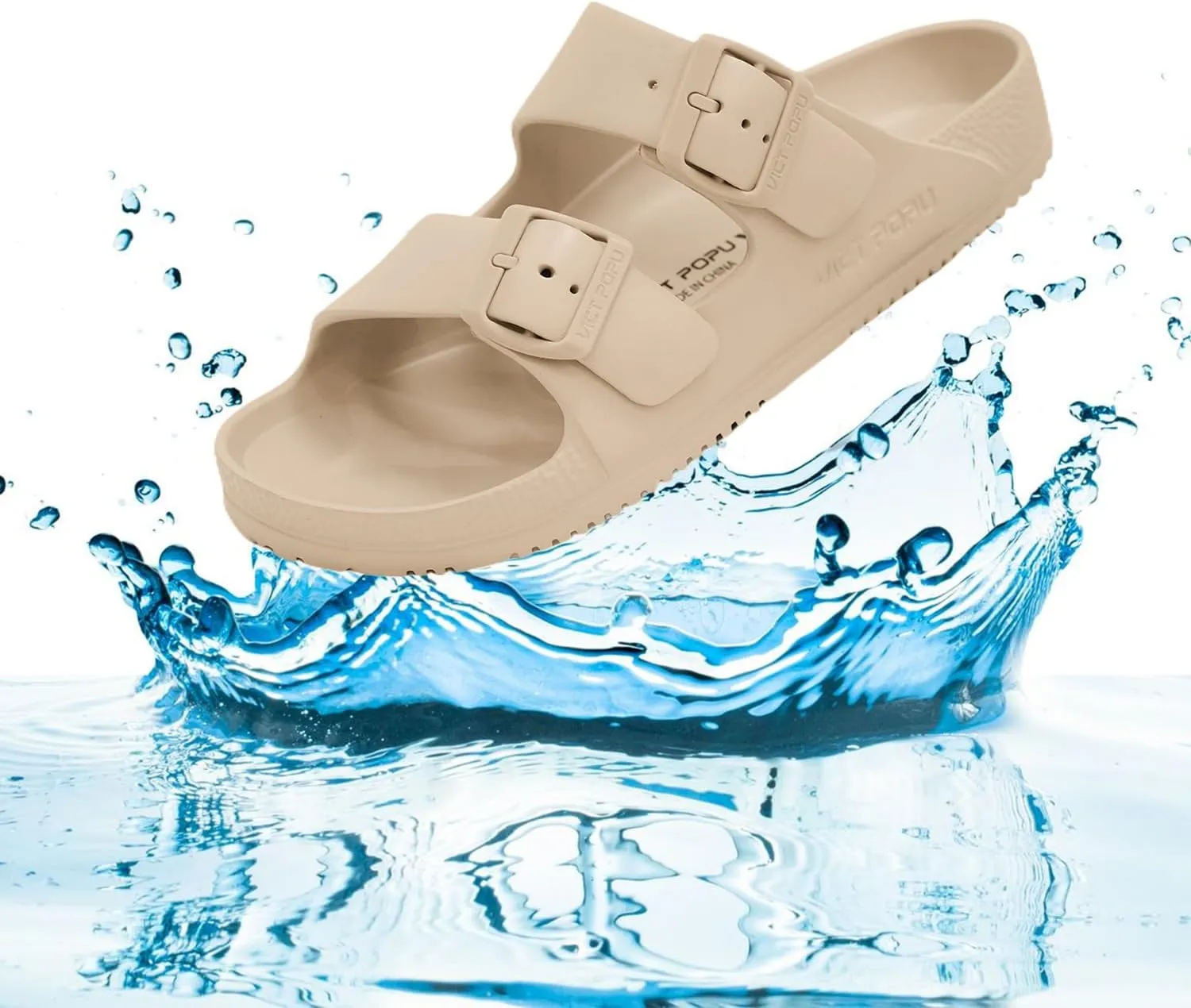 VICT POPU Womens Sandals Adjustable Double Buckle Strap Waterproof EVA Flat Slides
