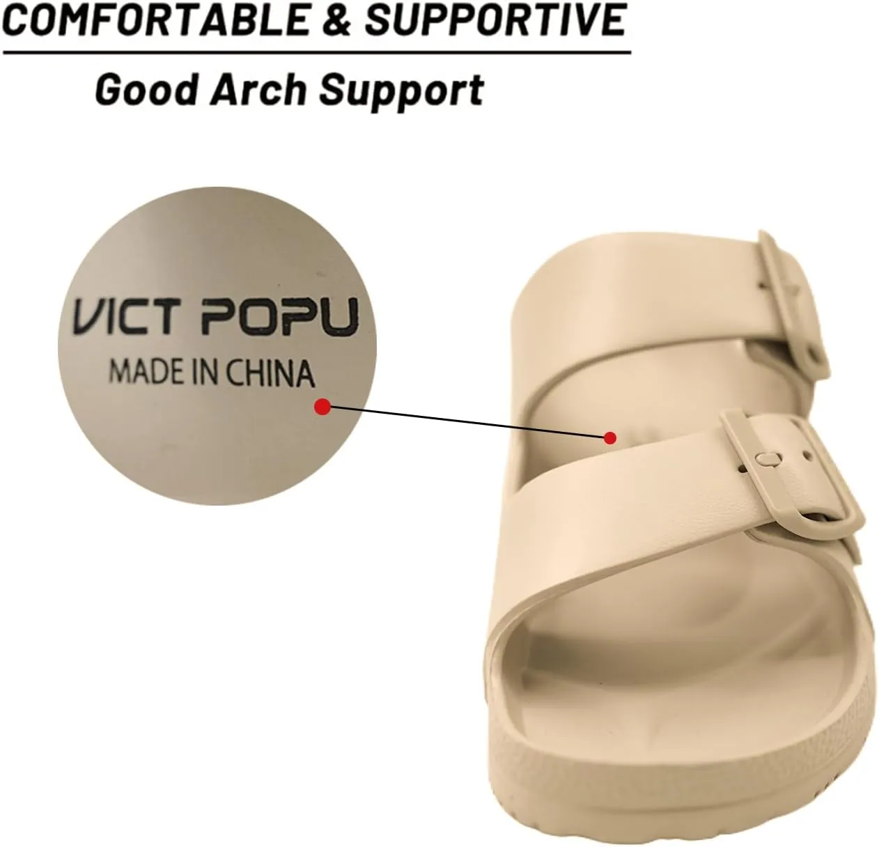 VICT POPU Womens Sandals Adjustable Double Buckle Strap Waterproof EVA Flat Slides