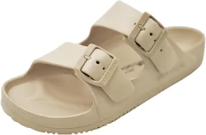 VICT POPU Womens Sandals Adjustable Double Buckle Strap Waterproof EVA Flat Slides