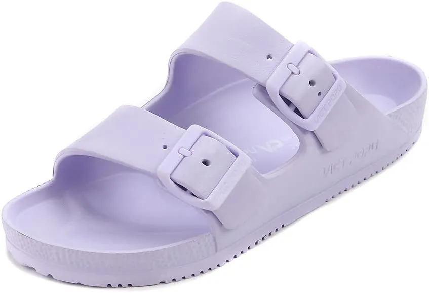 VICT POPU Womens Sandals Adjustable Double Buckle Strap Waterproof EVA Flat Slides
