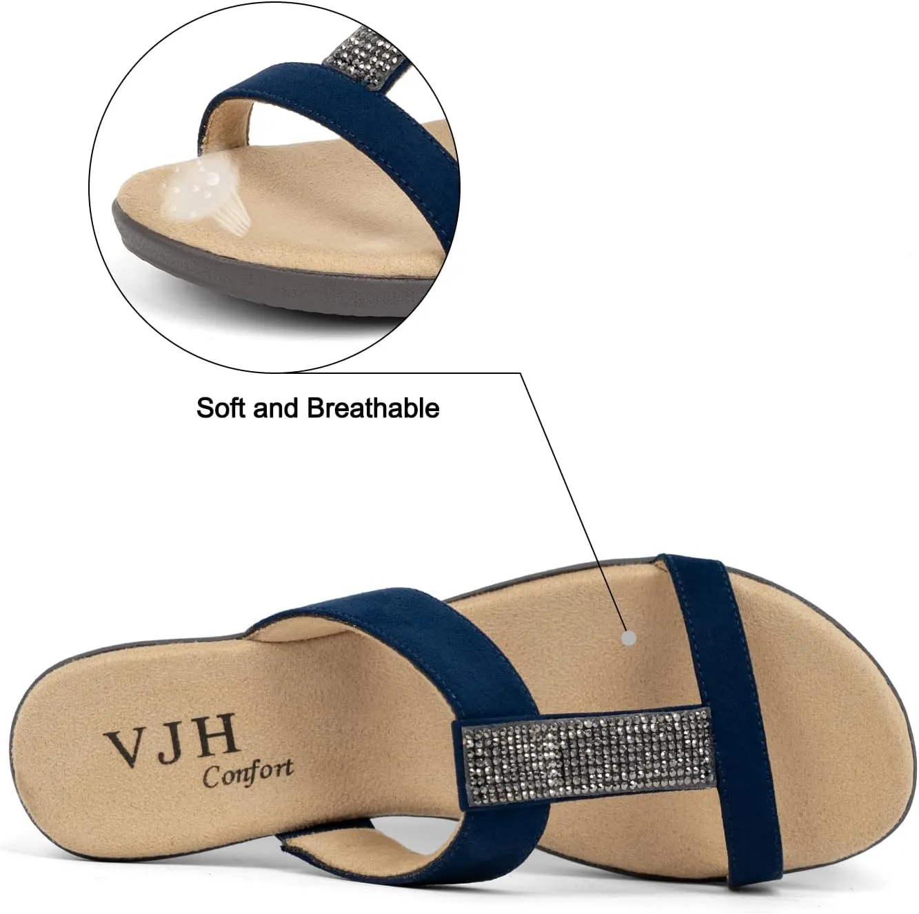 VJH confort Women’s Slides, Comfortable Open toe Rhinestone H-band Dressy Flat Sandals