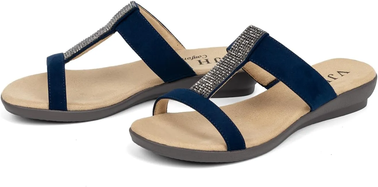 VJH confort Women’s Slides, Comfortable Open toe Rhinestone H-band Dressy Flat Sandals