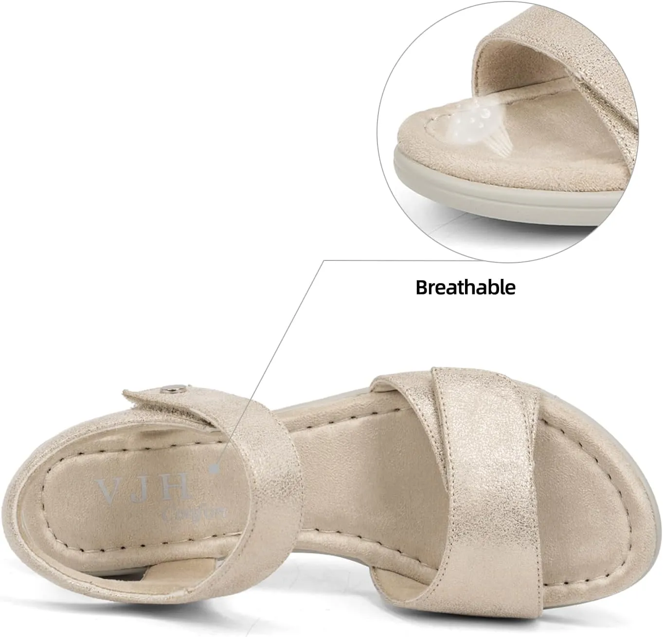VJH confort Women's Wedge Sandals Low Heel Comfortable Hook-and-Loop Strap Open Toe Platform Summer Shoe