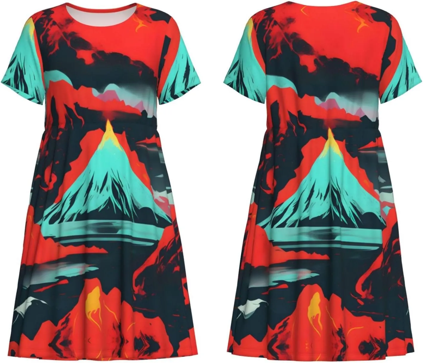 Volcano Bloom Print Women's Summer Short T Shirt Dress Cap Sleeve Crew Neck Casual Loose Basic Midi Dresses