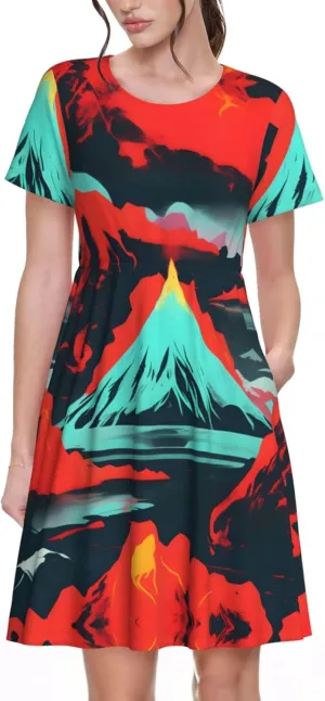 Volcano Bloom Print Women's Summer Short T Shirt Dress Cap Sleeve Crew Neck Casual Loose Basic Midi Dresses