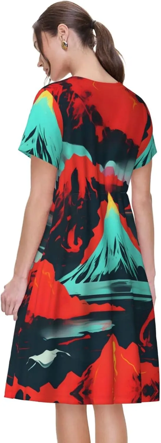 Volcano Bloom Print Women's Summer Short T Shirt Dress Cap Sleeve Crew Neck Casual Loose Basic Midi Dresses