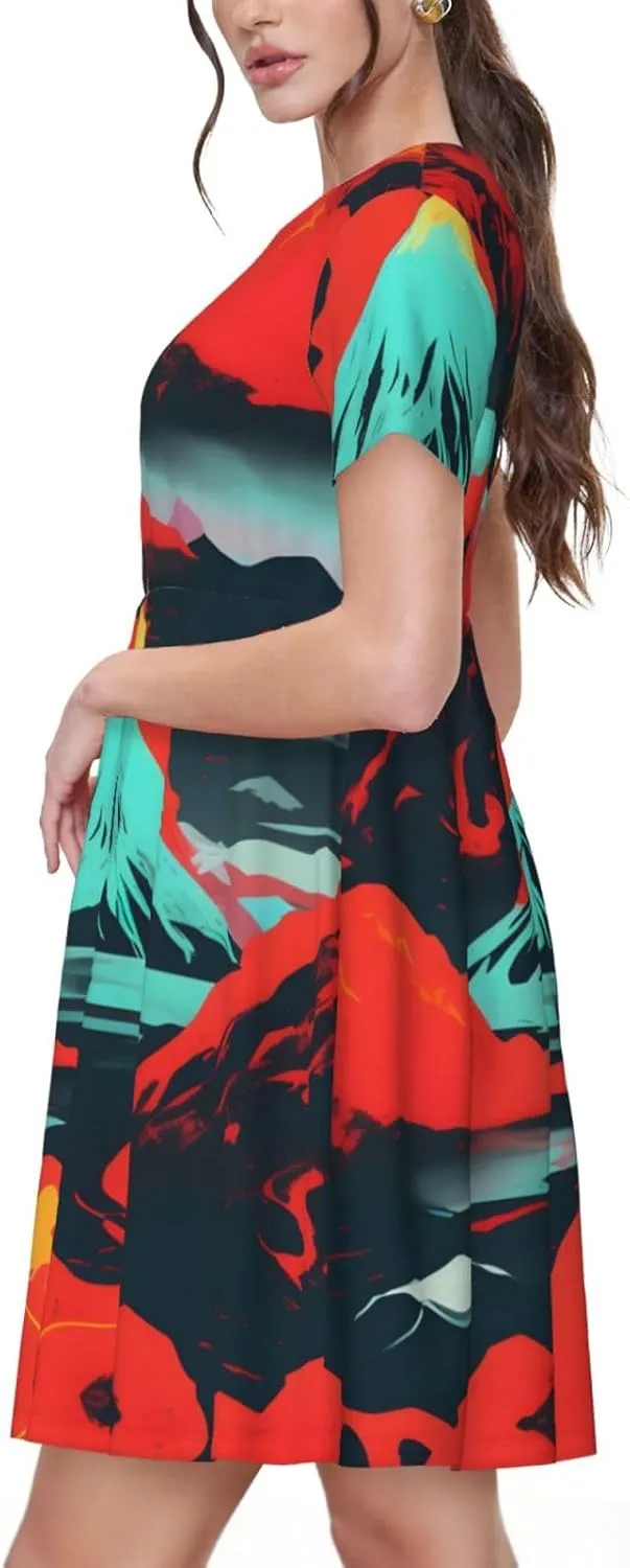 Volcano Bloom Print Women's Summer Short T Shirt Dress Cap Sleeve Crew Neck Casual Loose Basic Midi Dresses