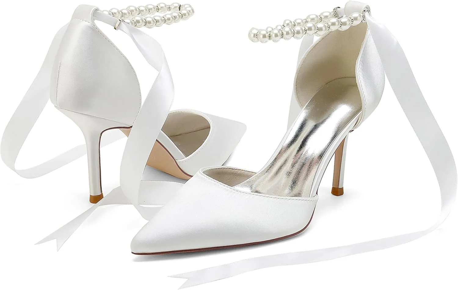 Wedding Bride Shoes Satin Pearl Pointed Toe Ribbon Women High Heels Pumps for Bridal/Prom/Evening/Cocktail/Bridesmaid/Party 8.5Cm