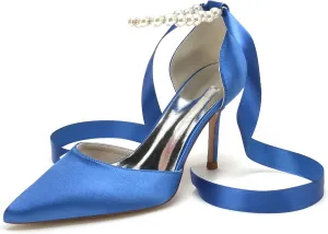 Wedding Bride Shoes Satin Pearl Pointed Toe Ribbon Women High Heels Pumps for Bridal/Prom/Evening/Cocktail/Bridesmaid/Party 8.5Cm