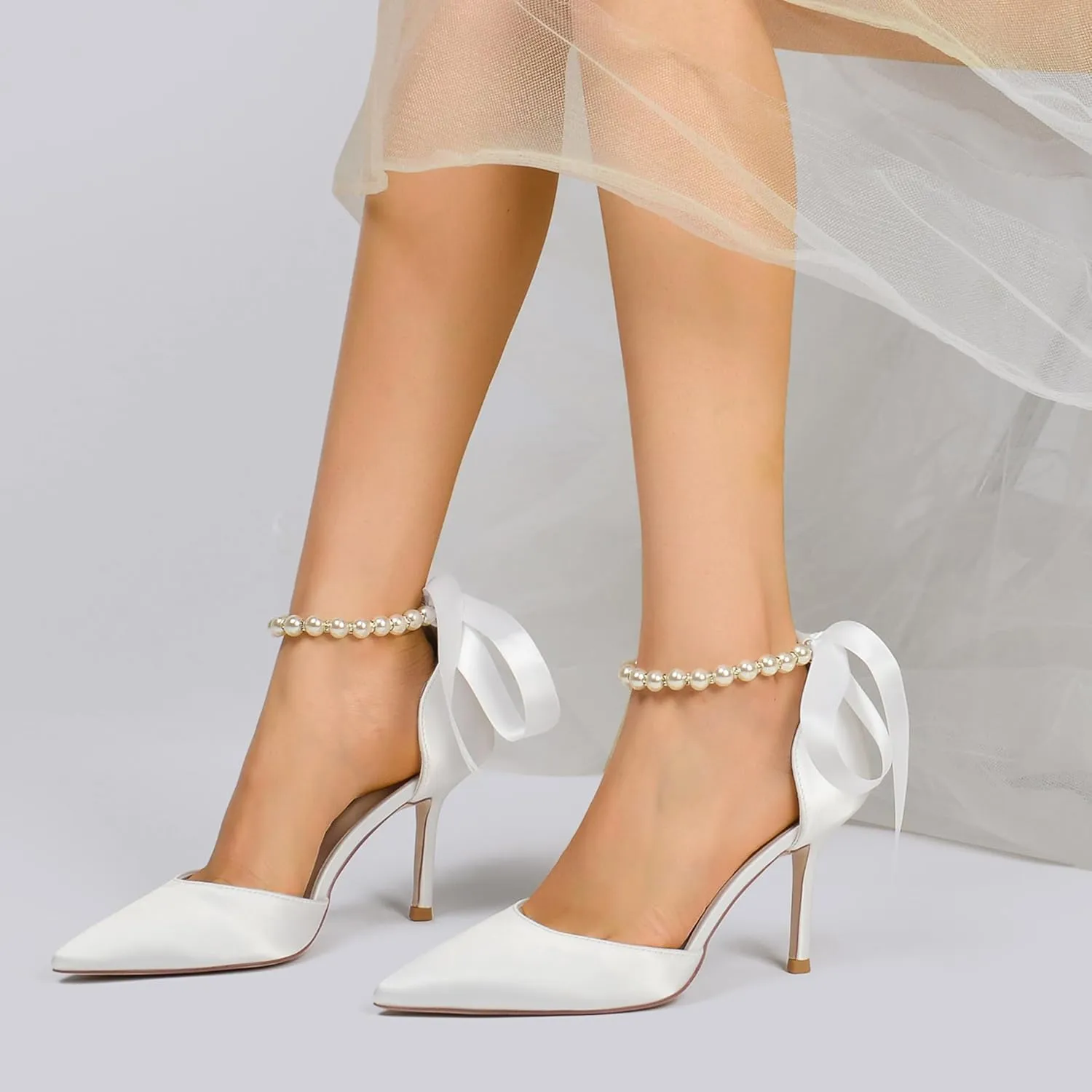 Wedding Bride Shoes Satin Pearl Pointed Toe Ribbon Women High Heels Pumps for Bridal/Prom/Evening/Cocktail/Bridesmaid/Party 8.5Cm