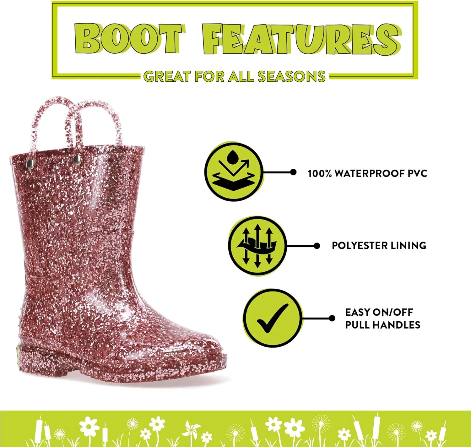 Western Chief Girl's Glitter Waterproof Rain Boot with Easy Pull on Handles, Perfect Lightweight Rain Boots for Kids