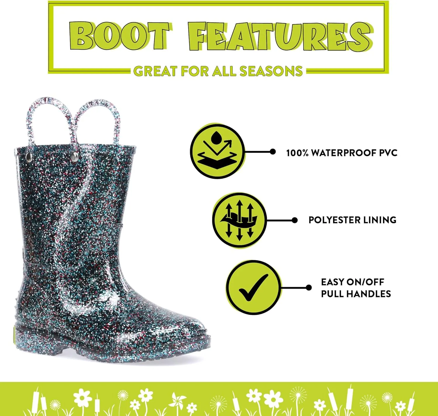 Western Chief Girl's Glitter Waterproof Rain Boot with Easy Pull on Handles, Perfect Lightweight Rain Boots for Kids