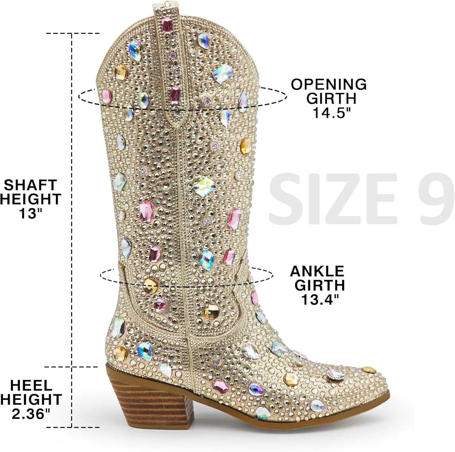 Wide Calf Rhinestone Cowboy Boots Sparkly Cowgirl boots for Women Pointed Toe 2inch Chunky heels Pull On Tabs Shiny Glitter Fashion Party Dress Retro Classic Boots