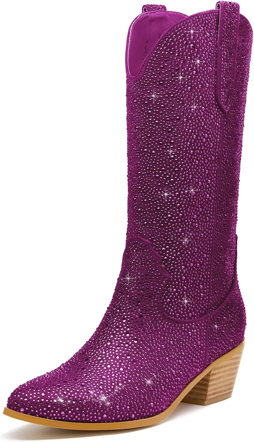Wide Calf Rhinestone Cowboy Boots Sparkly Cowgirl boots for Women Pointed Toe 2inch Chunky heels Pull On Tabs Shiny Glitter Fashion Party Dress Retro Classic Boots