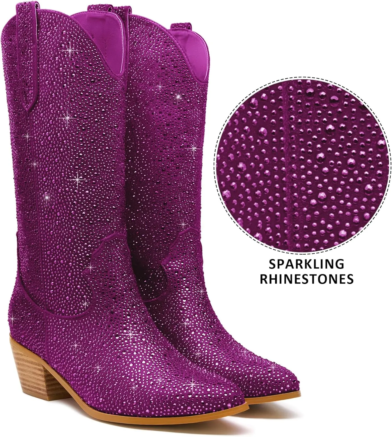 Wide Calf Rhinestone Cowboy Boots Sparkly Cowgirl boots for Women Pointed Toe 2inch Chunky heels Pull On Tabs Shiny Glitter Fashion Party Dress Retro Classic Boots