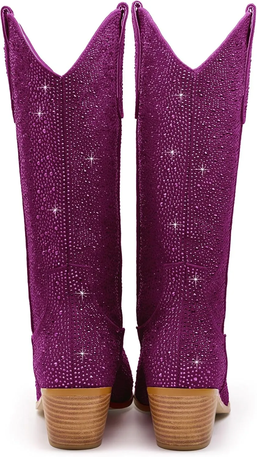 Wide Calf Rhinestone Cowboy Boots Sparkly Cowgirl boots for Women Pointed Toe 2inch Chunky heels Pull On Tabs Shiny Glitter Fashion Party Dress Retro Classic Boots