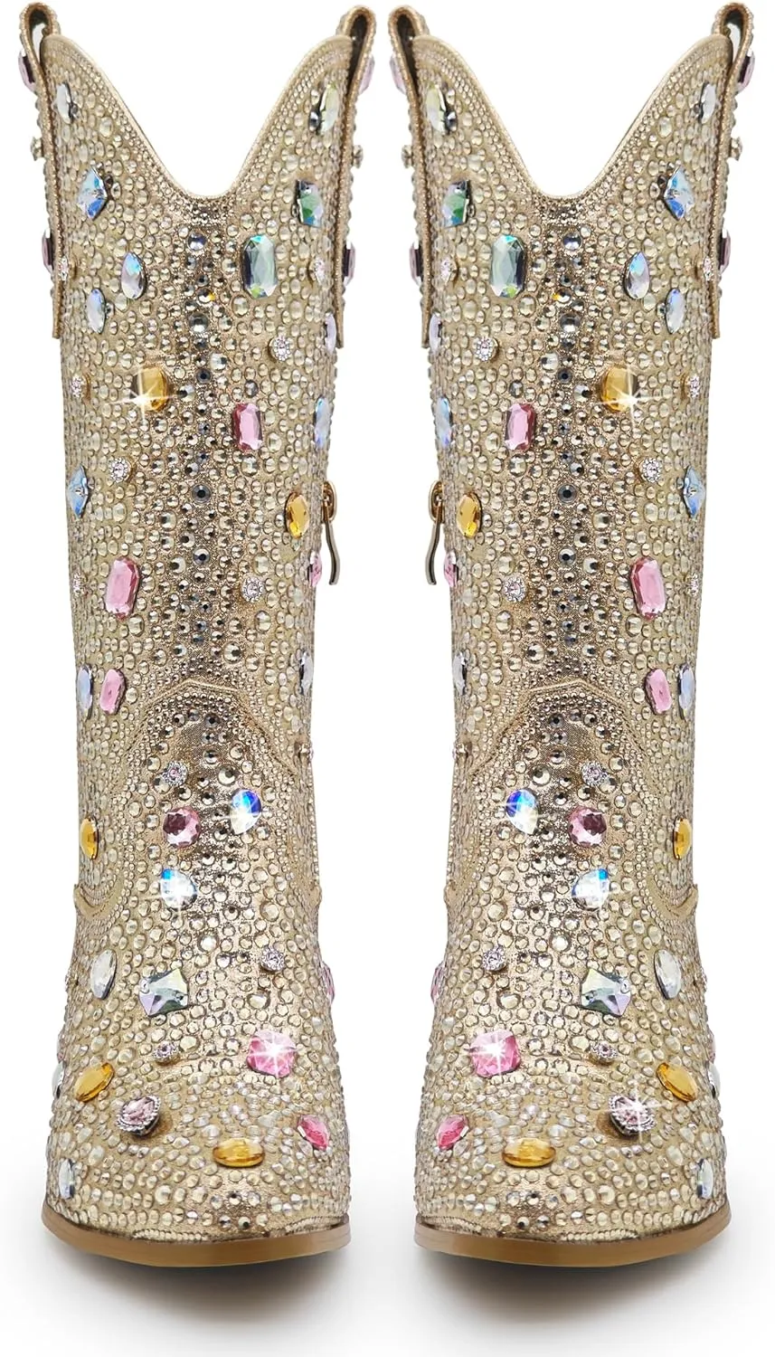 Wide Calf Rhinestone Cowboy Boots Sparkly Cowgirl boots for Women Pointed Toe 2inch Chunky heels Pull On Tabs Shiny Glitter Fashion Party Dress Retro Classic Boots