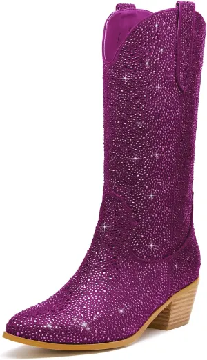 Wide Calf Rhinestone Cowboy Boots Sparkly Cowgirl boots for Women Pointed Toe 2inch Chunky heels Pull On Tabs Shiny Glitter Fashion Party Dress Retro Classic Boots