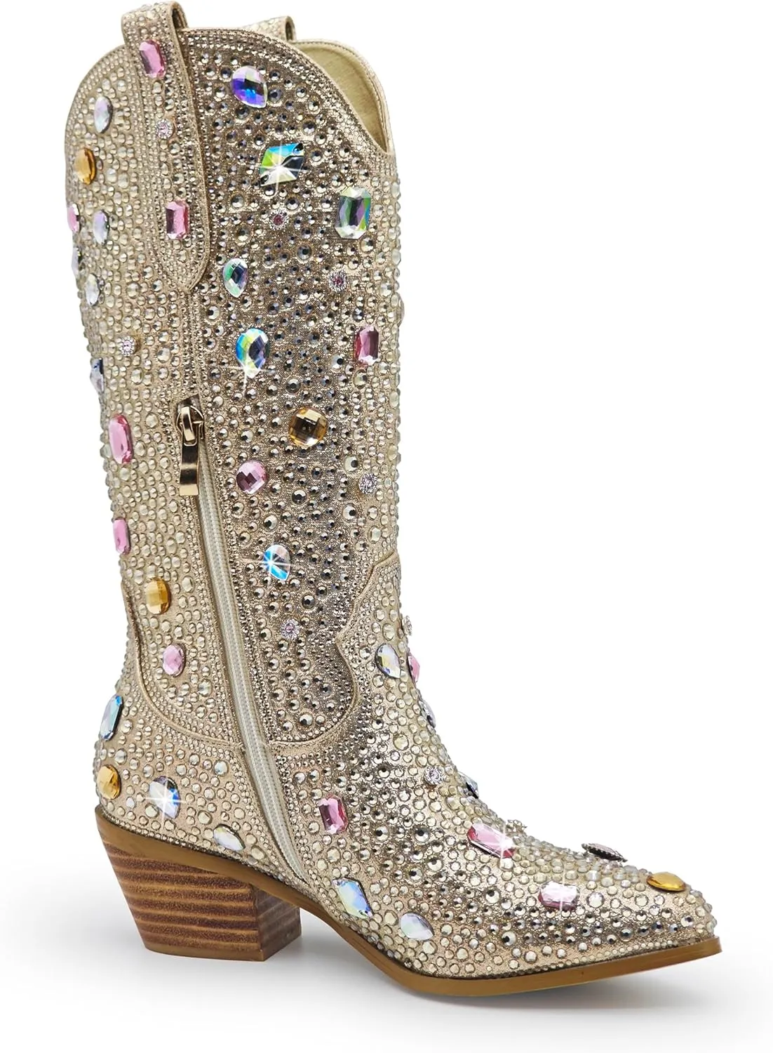 Wide Calf Rhinestone Cowboy Boots Sparkly Cowgirl boots for Women Pointed Toe 2inch Chunky heels Pull On Tabs Shiny Glitter Fashion Party Dress Retro Classic Boots