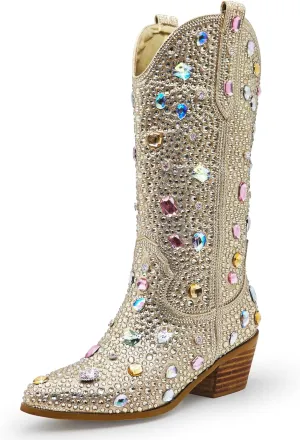 Wide Calf Rhinestone Cowboy Boots Sparkly Cowgirl boots for Women Pointed Toe 2inch Chunky heels Pull On Tabs Shiny Glitter Fashion Party Dress Retro Classic Boots