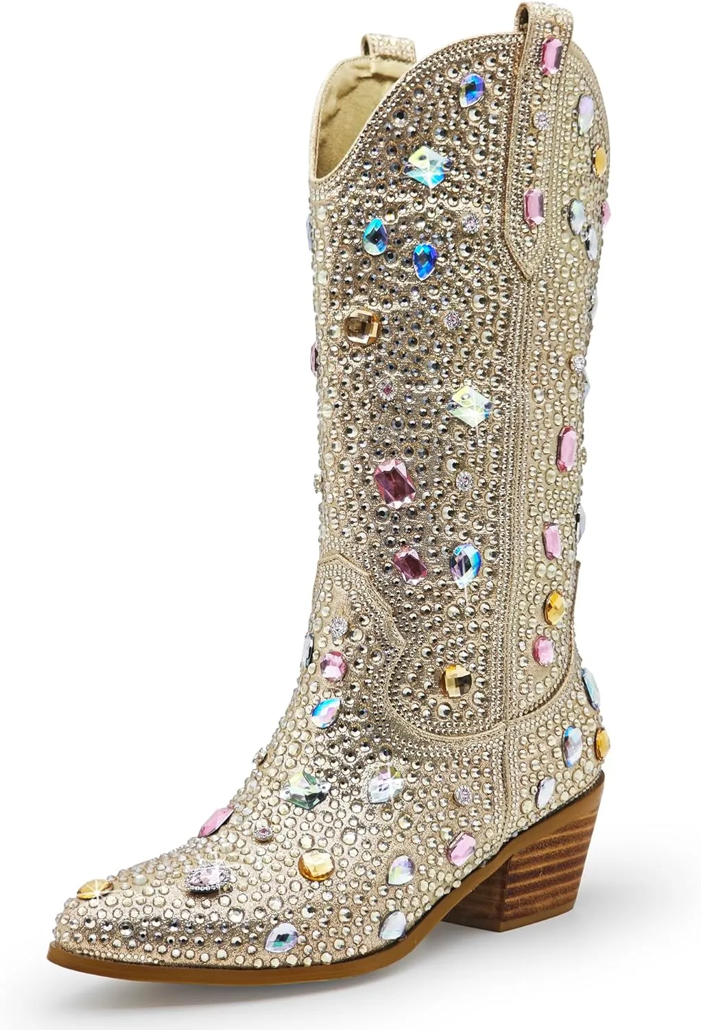 Wide Calf Rhinestone Cowboy Boots Sparkly Cowgirl boots for Women Pointed Toe 2inch Chunky heels Pull On Tabs Shiny Glitter Fashion Party Dress Retro Classic Boots