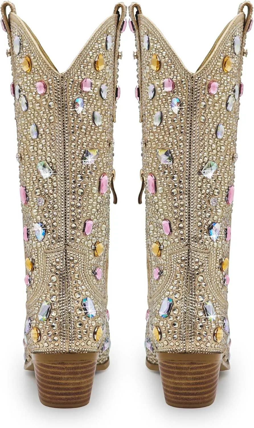 Wide Calf Rhinestone Cowboy Boots Sparkly Cowgirl boots for Women Pointed Toe 2inch Chunky heels Pull On Tabs Shiny Glitter Fashion Party Dress Retro Classic Boots