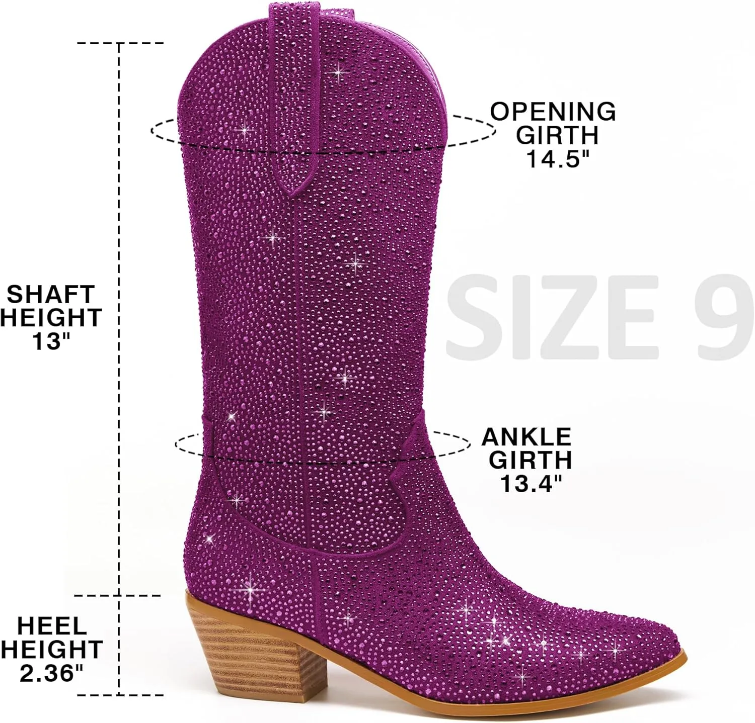 Wide Calf Rhinestone Cowboy Boots Sparkly Cowgirl boots for Women Pointed Toe 2inch Chunky heels Pull On Tabs Shiny Glitter Fashion Party Dress Retro Classic Boots
