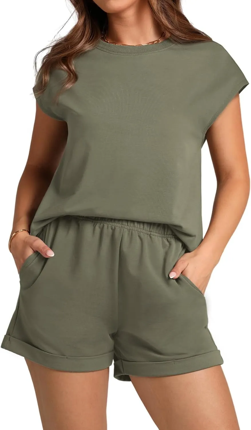 WIHOLL 2 Piece Sets for Women Casual Summer Travel Vacation Outfits Cap Sleeve Shorts Lounge Set