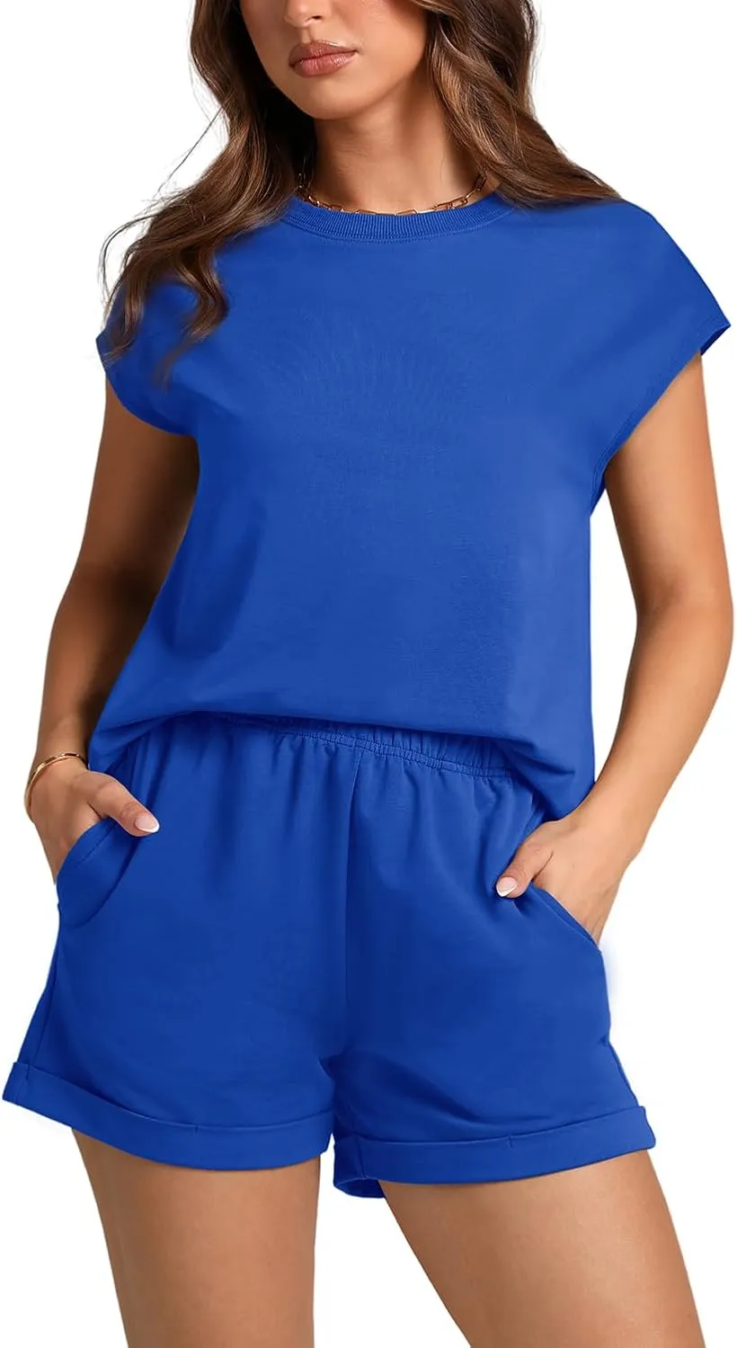 WIHOLL 2 Piece Sets for Women Casual Summer Travel Vacation Outfits Cap Sleeve Shorts Lounge Set