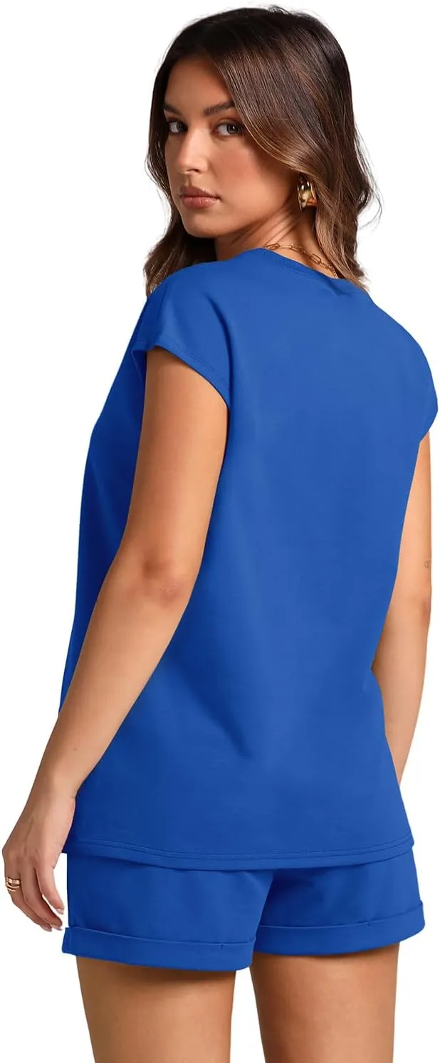WIHOLL 2 Piece Sets for Women Casual Summer Travel Vacation Outfits Cap Sleeve Shorts Lounge Set