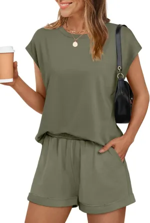 WIHOLL 2 Piece Sets for Women Casual Summer Travel Vacation Outfits Cap Sleeve Shorts Lounge Set
