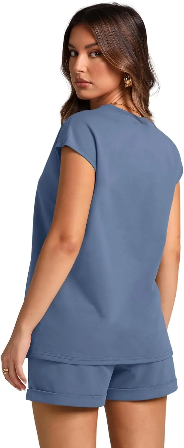 WIHOLL 2 Piece Sets for Women Casual Summer Travel Vacation Outfits Cap Sleeve Shorts Lounge Set