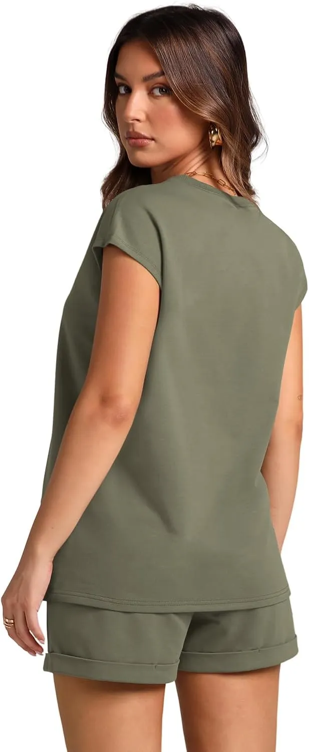 WIHOLL 2 Piece Sets for Women Casual Summer Travel Vacation Outfits Cap Sleeve Shorts Lounge Set
