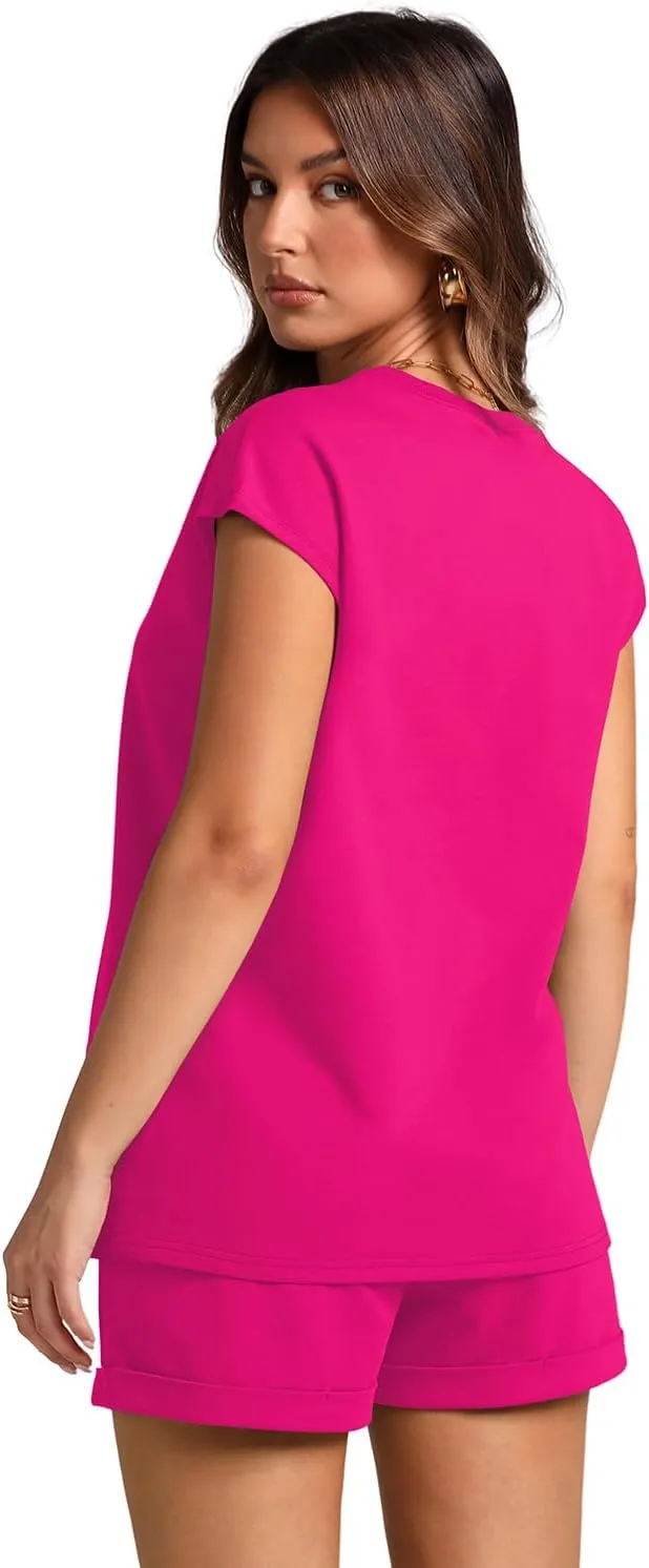 WIHOLL 2 Piece Sets for Women Casual Summer Travel Vacation Outfits Cap Sleeve Shorts Lounge Set