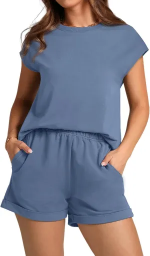 WIHOLL 2 Piece Sets for Women Casual Summer Travel Vacation Outfits Cap Sleeve Shorts Lounge Set