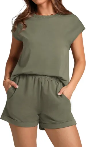 WIHOLL 2 Piece Sets for Women Casual Summer Travel Vacation Outfits Cap Sleeve Shorts Lounge Set
