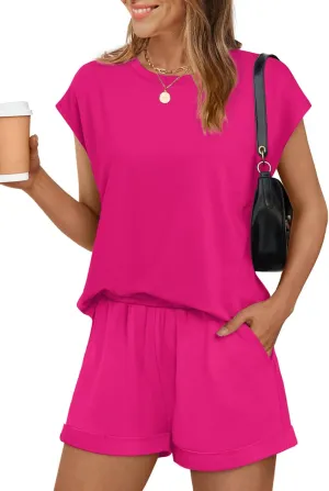 WIHOLL 2 Piece Sets for Women Casual Summer Travel Vacation Outfits Cap Sleeve Shorts Lounge Set
