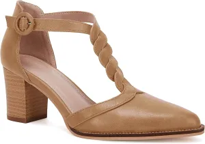Womens Block Chunky Heels T Strap Dress Shoes Closed Toe Stacked Heeled Pumps Sandals