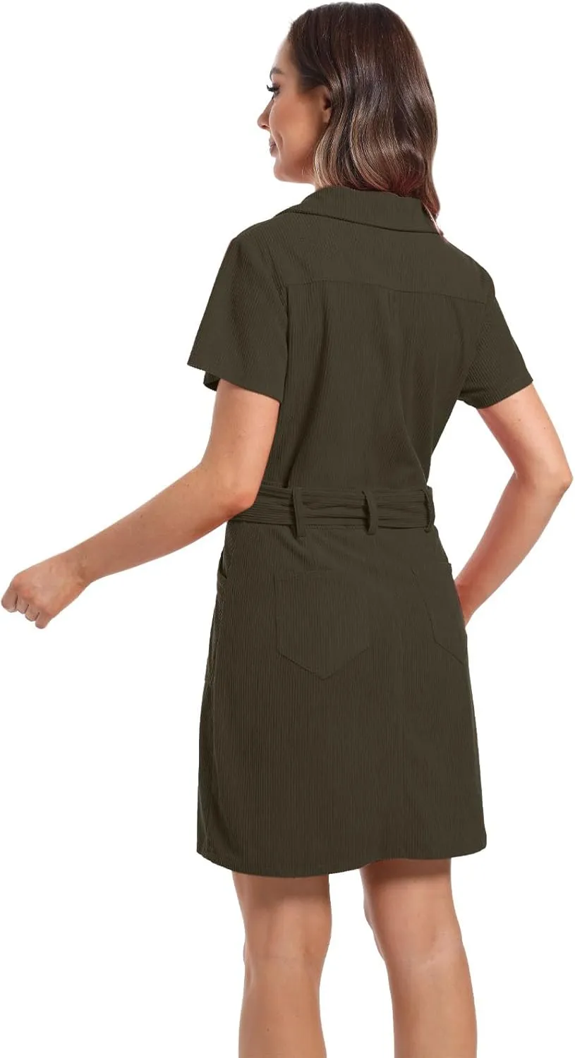 Women's Corduroy Mini Dress with Short Sleeve Lapel Zip Belt Cowgirl Dress with Pockets