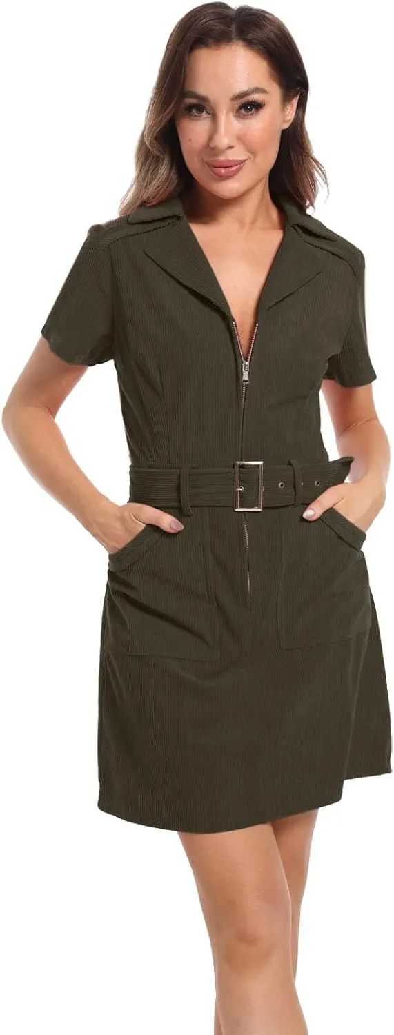 Women's Corduroy Mini Dress with Short Sleeve Lapel Zip Belt Cowgirl Dress with Pockets