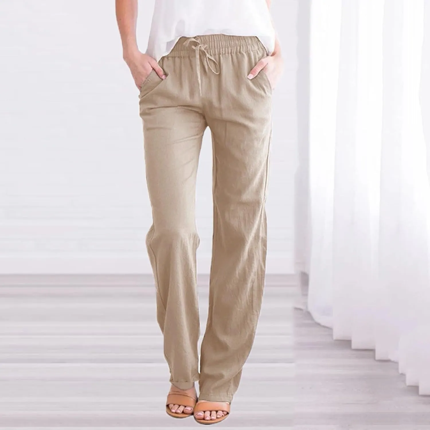 Women's Cotton Linen Summer Palazzo Pants Flowy Wide Leg Beach Trousers with Pockets Spring Outfits 2025