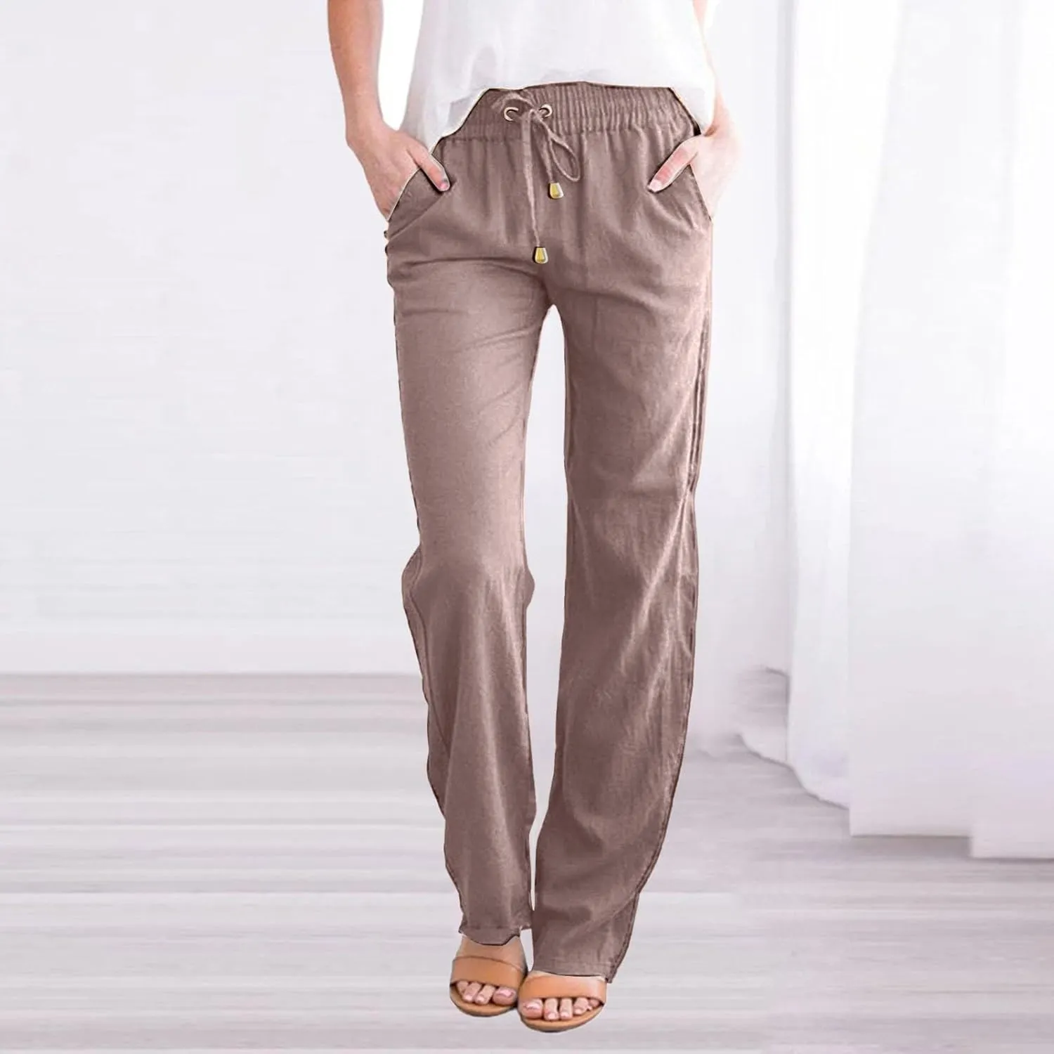 Women's Cotton Linen Summer Palazzo Pants Flowy Wide Leg Beach Trousers with Pockets Spring Outfits 2025