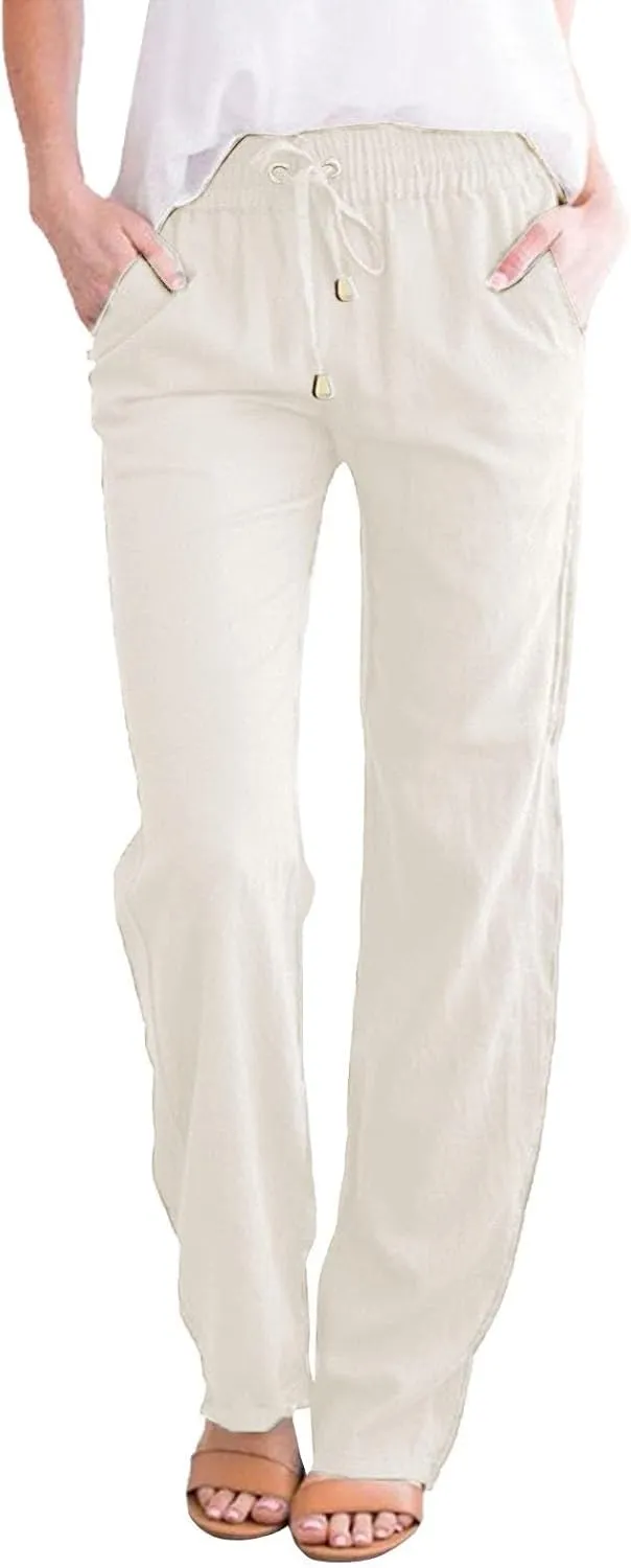 Women's Cotton Linen Summer Palazzo Pants Flowy Wide Leg Beach Trousers with Pockets Spring Outfits 2025