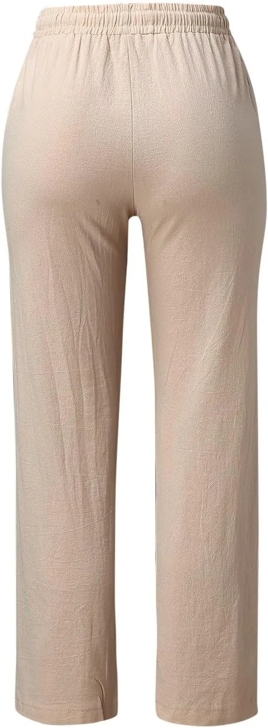 Women's Cotton Linen Summer Palazzo Pants Flowy Wide Leg Beach Trousers with Pockets Spring Outfits 2025